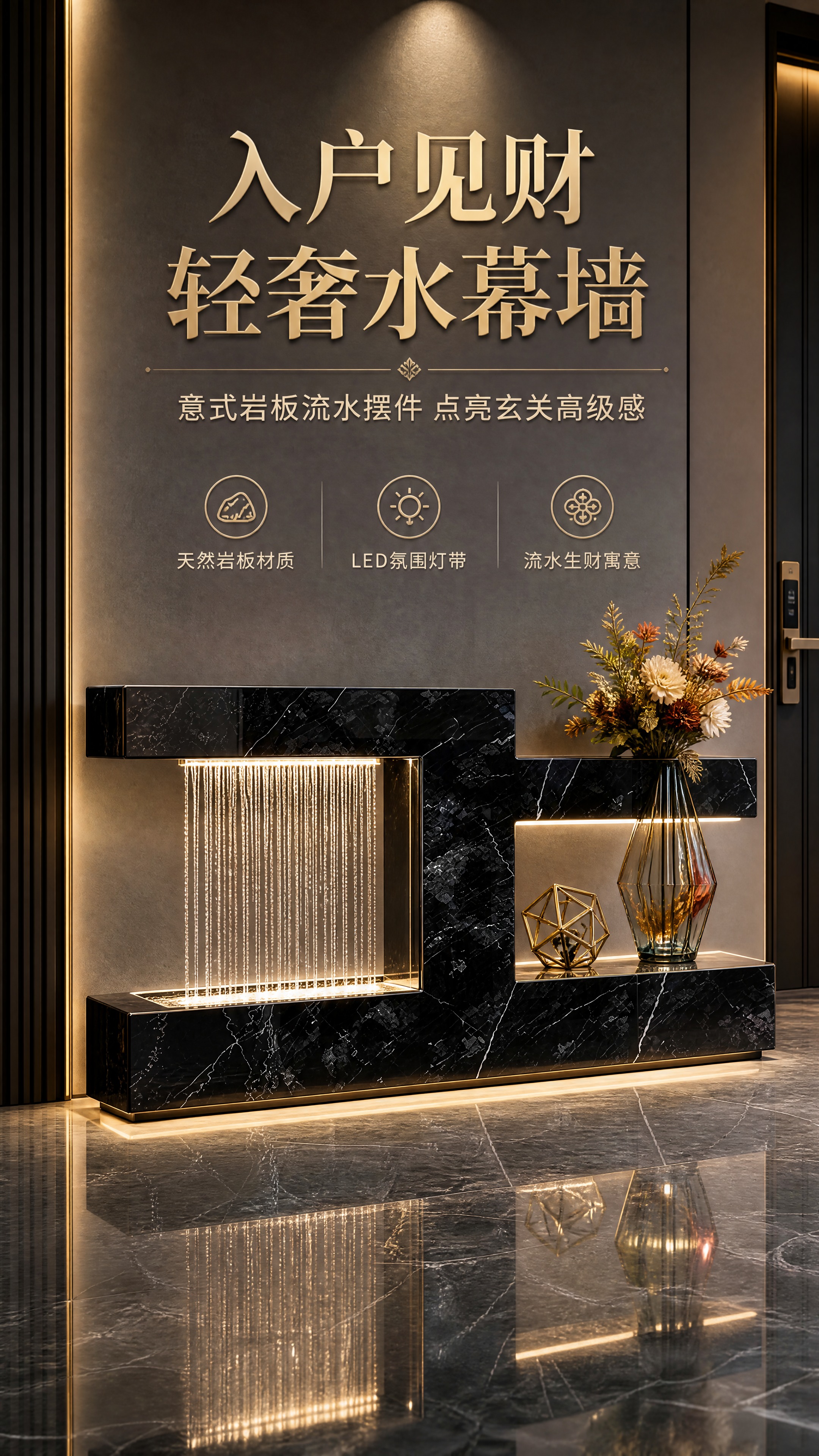 [商品] 使用【图2】黑色大理石纹岩板流水摆件；保留左流水幕墙… - 图片创意预览