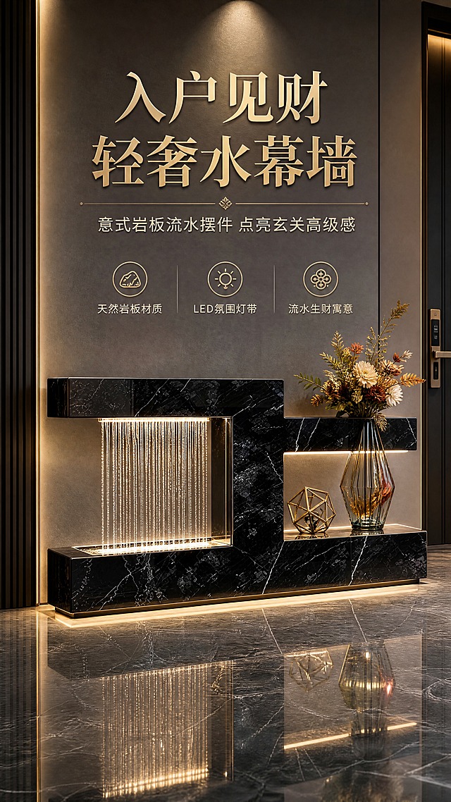 [商品] 使用【图2】黑色大理石纹岩板流水摆件；保留左流水幕墙+右置物台的几何结构、黑色岩板材质与白色纹理、LED暖光灯带、落地式底座、流水从上方垂落的方向；增强岩板光泽质感与流水晶莹剔透效果，不改变产品结构和比例。
[画面] 页面目标：首屏场景种草，入户玄关黑金奢华风，突出高端入户第一印象。构图：竖版9:16，产品位于画面中下部，占画面约60%，正面微侧角度。前景：浅灰色大理石地面，带产品倒影。中景：黑色岩板流水摆件，右侧置物台上摆放金色几何金属雕塑与彩色水晶玻璃花瓶（插有奢华花艺），左侧流水幕墙水流潺潺。背景：现代浅灰色玄关墙面，顶部有暖光筒灯，右侧隐约可见入户门一角。整体营造意式轻奢、黑金奢华的入户氛围。
[视觉] 套系策略：风格=意式轻奢高端商业摄影；标题字=现代轻奢衬线粗体；正文字=简洁无衬线体；主色=黑金灰调；背景延展=基于深灰、黑金做深浅层级、同色渐变和细腻石材/金属质感；强调色=暖金色，仅用于小面积图标、引线、标签和灯光高光；标题色=哑光金；正文色=浅米灰；组件=圆角深色信息卡、细金线引线、轻奢装饰线条；光影=左前侧暖柔光+LED灯带自发光，整体暖调高级光影。
[文字] 画面上方留白区域放主标题和副标题，不遮挡产品主体。主标题：入户见财 轻奢水幕墙；副标题：意式岩板流水摆件 点亮玄关高级感；下方3个卖点图标+短文案：① 天然岩板材质 ② LED氛围灯带 ③ 流水生财寓意。文字全部横向排版，手机端清晰可读。
[规格] 图片比例9:16竖版，4K分辨率，避免变形、错字、文字过小、冷蓝背景、产品结构改变、岩板纹理错乱。