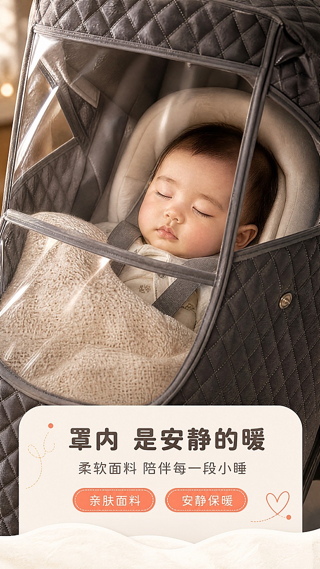 [商品] 使用【图3】深灰色绗缝婴儿推车保暖罩的视窗区域；保留透明视窗与灰色包边结构、深灰配色与绗缝质感；本页为罩内宝宝专特写，不改变商品结构、颜色与比例，不新增配件。【图1】【图2】仅作同款结构核对参考，本页不得出现正红与藏青配色。
[画面] 使用瞬间页；镜头贴近推车视窗，透明视窗包边作为前景画框，罩内宝宝盖着小毯子安静熟睡，宝宝脸部占画面约50%，推车与罩身局部填充四周；景别特写；前景视窗包边与轻微反光，中景熟睡宝宝，后景虚化深灰绗缝罩面与暖光，形成三层层次；左前侧柔暖光，宝宝面部柔和。
[视觉] 套系策略：风格=温暖治愈的母婴商业摄影（柔和暖光棚拍＋真实居家与户外轻场景）；标题字=圆润粗黑体；正文字=圆润无衬线体；主色=暖米白；背景延展=基于暖米白做深浅层级、同色渐变与柔软织物/纸张质感；强调色=暖珊瑚橘，仅用于小面积图标、引线、标签；标题色=深暖灰；正文色=中暖灰；组件=圆角浅底信息卡、细线引线、圆点与柔和曲线点缀；光影=左前侧柔暖光。
[文字] 底部圆角信息卡横向排版：主标题"罩内 是安静的暖"，副标题"柔软面料 陪伴每一段小睡"，两个标签"亲肤面料""安静保暖"；文字不遮挡宝宝面部与视窗。
[规格] 图片比例9:16竖版，4K；负向：避免变形、错字、文字过小、竖排/旋转/斜排文字、冷蓝冷灰成为背景或卡片主色、商品颜色与结构改变、宝宝面部畸形、平台Logo与水印、极限词。