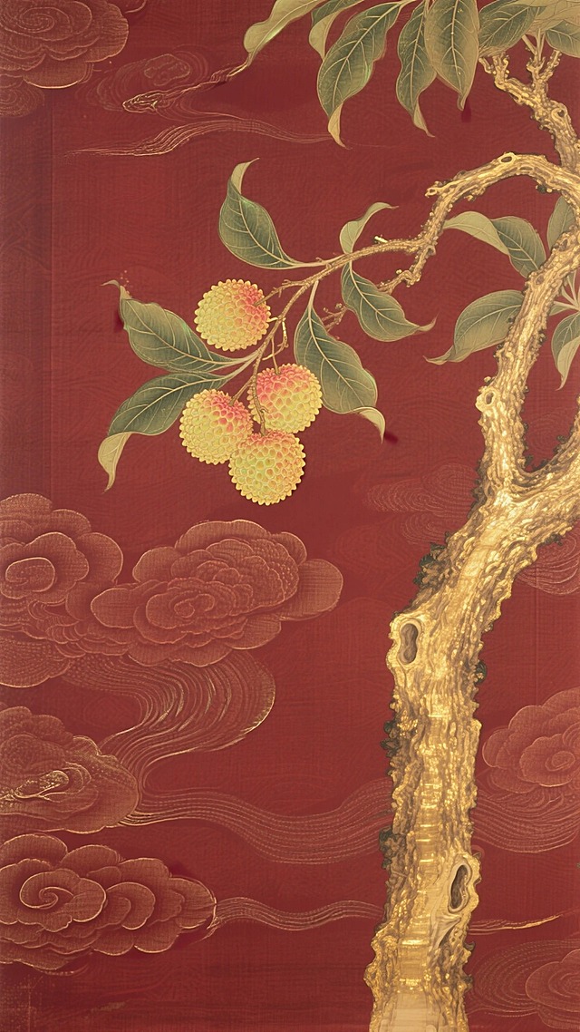 深红色背景，祥云暗纹，右下角生出一颗鎏金荔枝树
