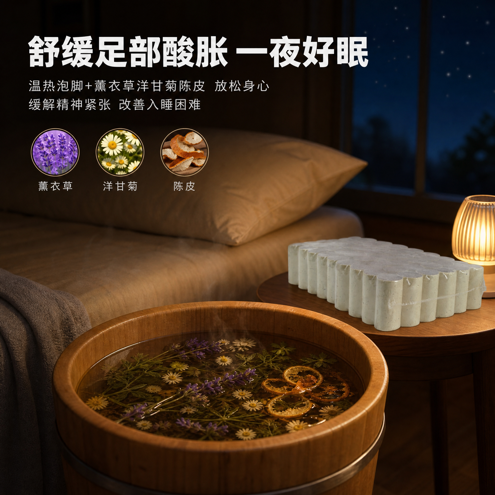 [主图-4] 艾灸柱泡脚舒缓助眠卖点图 薰衣草洋甘菊陈皮。 [… - 图片创意预览