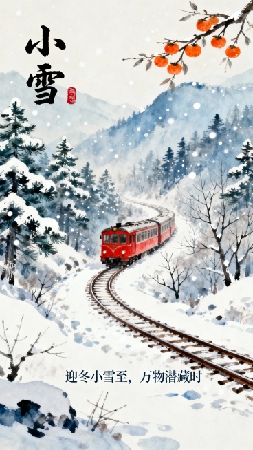 中国传统水墨风格的小雪节气海报，以淡雅的蓝白色调为主，营造出宁静悠远的冬日氛围。画面中，一辆红色的复古小火车行驶在被白雪覆盖的山林间，轨道蜿蜒曲折，两旁是挂满积雪的松树和光秃秃的树枝，雪花轻轻飘落，点缀着整个场景。右上角有一枝挂满橙色果实的树枝，增添了一抹亮色和生机。左上角用毛笔书法写着“小雪”二字，旁边配有红色印章。海报下方有“迎冬小雪至，万物潜藏时”的诗句，整体构图采用竖版布局，视觉层次分……预览效果