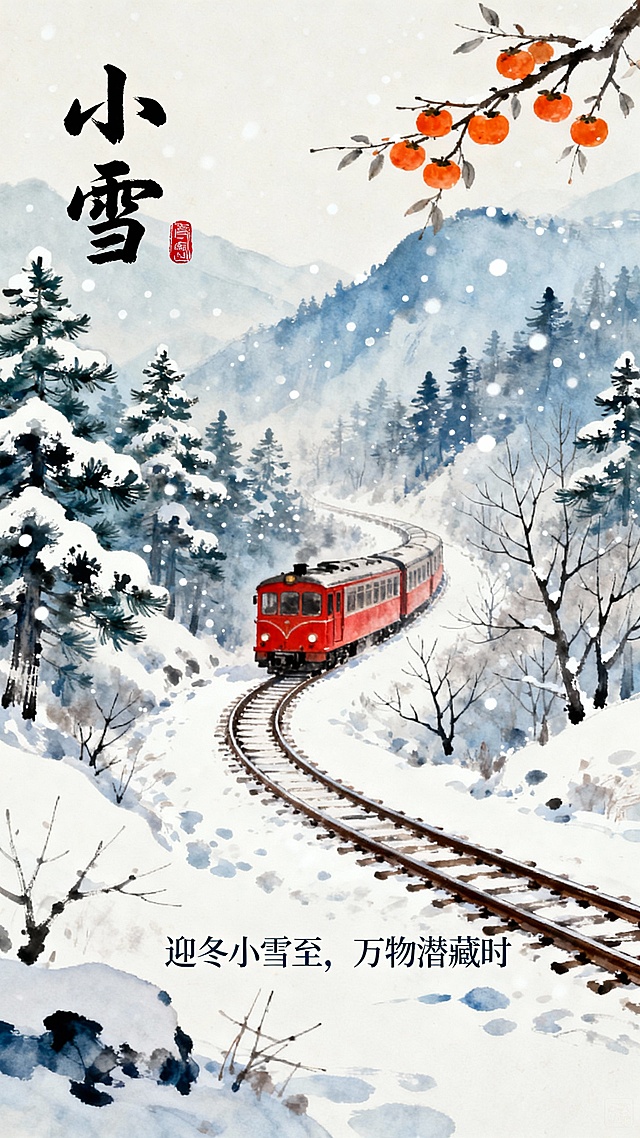 中国传统水墨风格的小雪节气海报，以淡雅的蓝白色调为主，营造出宁静悠远的冬日氛围。画面中，一辆红色的复古小火车行驶在被白雪覆盖的山林间，轨道蜿蜒曲折，两旁是挂满积雪的松树和光秃秃的树枝，雪花轻轻飘落，点缀着整个场景。右上角有一枝挂满橙色果实的树枝，增添了一抹亮色和生机。左上角用毛笔书法写着“小雪”二字，旁边配有红色印章。海报下方有“迎冬小雪至，万物潜藏时”的诗句，整体构图采用竖版布局，视觉层次分明，留白恰到好处，展现出东方美学的韵味。