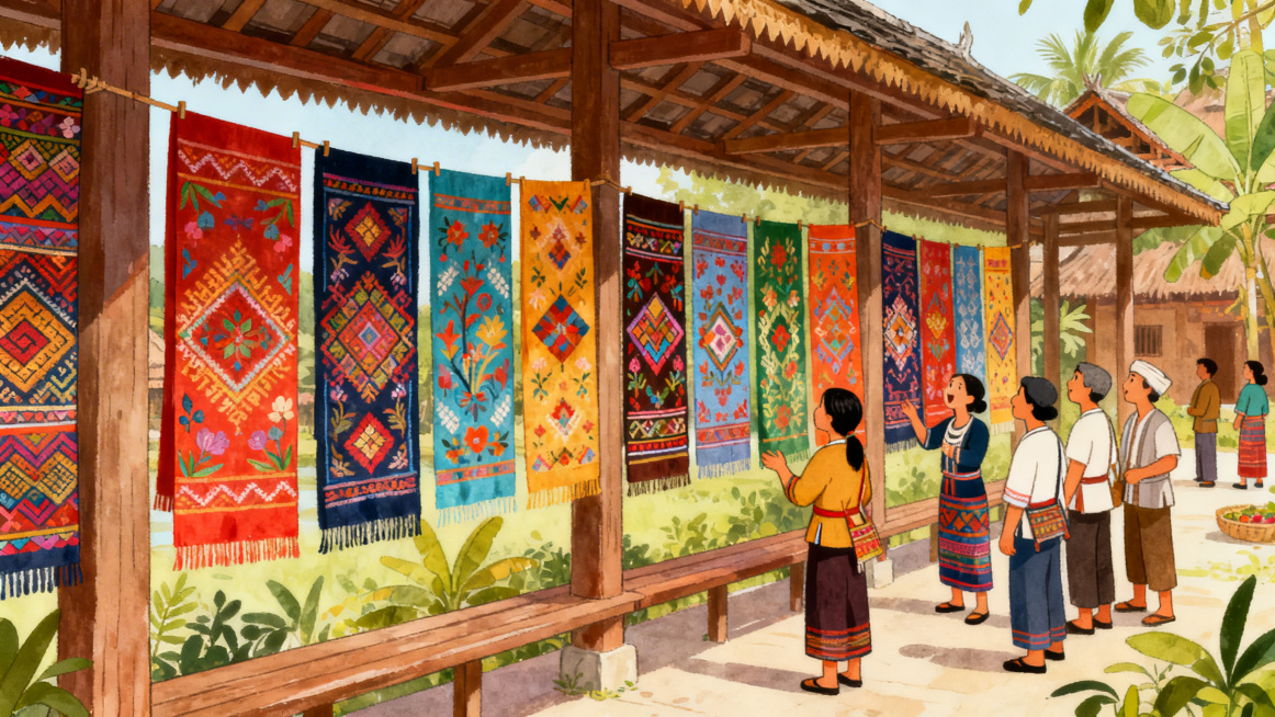 黎族村寨的风雨长廊上，十二幅色彩绚丽、纹样生动的黎锦整齐悬挂，村民们驻足观看，发出惊叹，整体氛围热闹，场景自然，风格为清新的手绘插画，展现出非遗文化的魅力预览效果