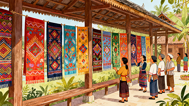 黎族村寨的风雨长廊上，十二幅色彩绚丽、纹样生动的黎锦整齐悬挂，村民们驻足观看，发出惊叹，整体氛围热闹，场景自然，风格为清新的手绘插画，展现出非遗文化的魅力
