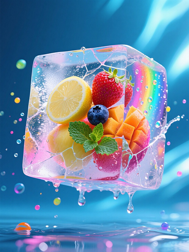3D玻璃风设计，清新水果嵌入透明冰块，梦幻色彩交织，营造虚拟自然的清凉夏日氛围。