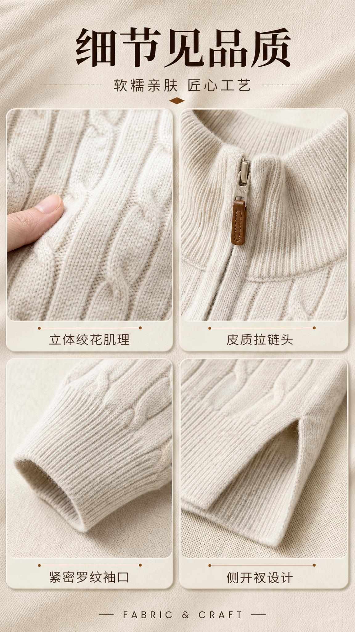 [商品] 使用【图1】米白色半拉链立领绞花针织毛衣；商品处理：… - 图片创意预览