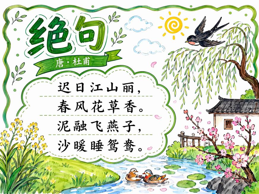 参考原图片马克笔手绘风格，改成横版16:9，添加杜甫古诗《绝句》全文文字：迟日江山丽，春风花草香。泥融飞燕子，沙暖睡鸳鸯。保留所有春日景物元素：柳树、燕子、桃花、小河等，保留明显马克笔笔触，保持色彩清预览效果