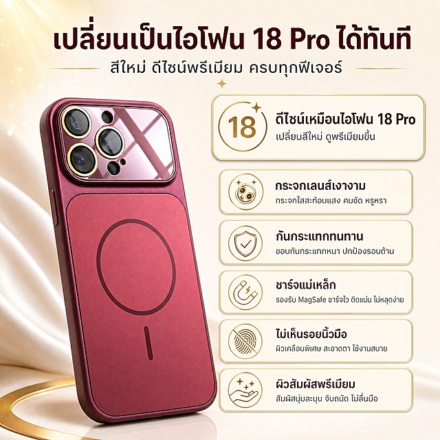 [主图-2] 核心价值总览，首推"秒变iPhone18 Pro外观"核心卖点，搭配5大功能卖点。
[统一基调] 泰国市场亚马逊跨境主图，1:1比例，泰文文案，奶油白/香槟金/浅米色暖调视觉体系，标题字色深酒红配香槟金，辅助字色深灰，现代无衬线泰文字体，圆角浅金描边信息卡，金色细线图标，明亮精致高级感。
[画面] 产品位于画面左侧，45°视角展示酒红色磁吸手机壳完整外观，占画面约45%。镜头玻璃区域有明显高光反射，镜头模组造型呈现iPhone18 Pro风格。右侧竖向排列6个圆角香槟金描边卖点卡片，最上方卡片最大最醒目（核心卖点）：1) 18外观图标+"ดีไซน์เหมือนไอโฟน 18 Pro"+"เปลี่ยนสีใหม่ ดูพรีเมียมขึ้น"；其余5个依次为：2) 玻璃镜头图标+"กระจกเลนส์เงางาม"；3) 防摔盾牌图标+"กันกระแทกทนทาน"；4) 磁吸充电图标+"ชาร์จแม่เหล็ก"；5) 防指纹图标+"ไม่เห็นรอยนิ้วมือ"；6) 肤感材质图标+"ผิวสัมผัสพรีเมียม"。背景为奶油白渐变，左上角有柔和金色光斑。
[光影质感] 商业摄影质感，产品光影自然，玻璃镜头区高光反射清晰，卡片有轻微投影，整体光线柔和均匀。
[配色] 奶油白背景，深酒红标题字，香槟金图标与描边，深灰说明文字，产品酒红色+亮面玻璃镜头+金色镜头圈。
[文字版式] 主标题在画面顶部居中，泰文大字"เปลี่ยนเป็นไอโฟน 18 Pro ได้ทันที"，副标题"สีใหม่ ดีไซน์พรีเมียม ครบทุกฟีเจอร์"，6个卖点卡片右对齐排列，核心卖点卡片更大更突出。
[输出要求] 1:1正方形，2048x2048，秒变18外观卖点突出，玻璃反光效果明显，产品清晰，泰文准确无错字，无水印，无平台Logo，无中文，整体精致不杂乱。