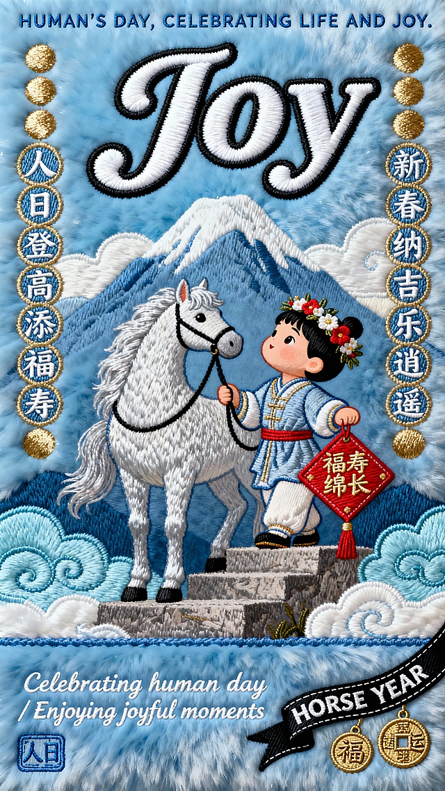 毛绒布上刺绣的2026马年初七海报