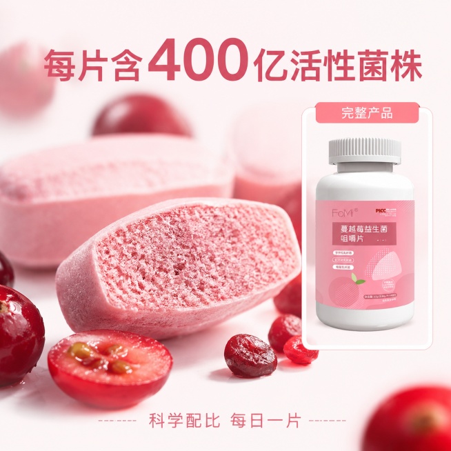 [主图-3] 蔓越莓益生菌细节特写图，聚焦产品品质。
[氛围风格] 细腻真实，突出产品细节质感。
[画质] 商业摄影质感、微距清晰、光线柔和通透、画面干净高级。
[元素] 特写展示益生菌咀嚼片的横截面预览效果