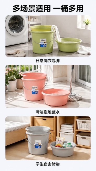 [第7屏] 多场景拼图展示，展示水桶水盆套装多种使用用途。本屏使用【图1】产品。
[氛围/风格] 实用展示风，多场景拼图，清晰明了。
[元素布局] 三分拼图排版，上中下三格分别展示：浴室洗衣、阳台拖地预览效果