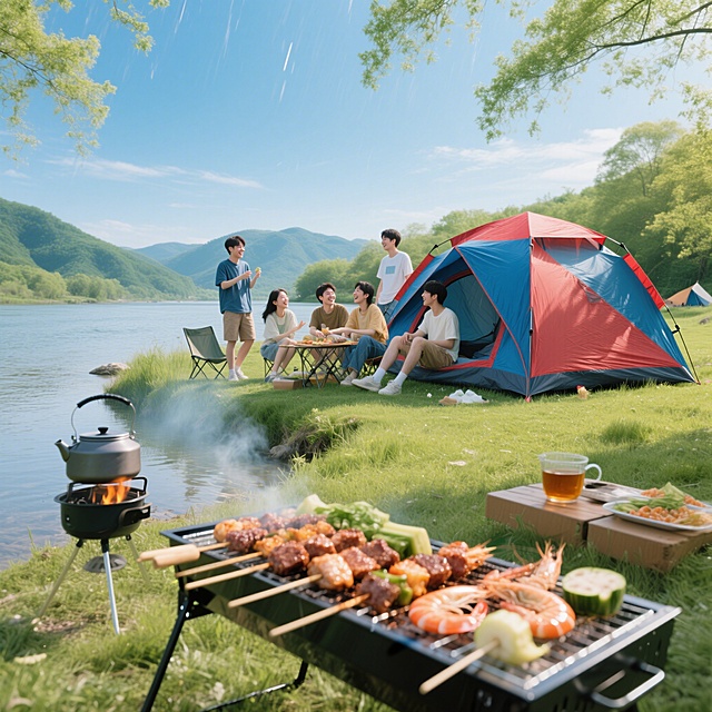 春天，蓝天，草地露营。近景：河边一个烧烤炉烤着肉串、蔬菜和虾，烧烤炉不远处正煮着茶。远景，一顶红色蓝色拼接的帐篷，帐篷张开了雨挡，五六个年轻人在聊天，脸上充满笑容。再远一点是绿水青山。整个画面色彩搭配透亮，清新，给人一种自由自在、轻松、青春洋溢的感觉。