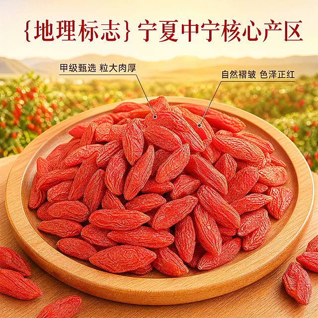 [主图-2] 绿帝枸杞核心卖点展示，突出产品品质优势。
[氛围风格] 真实产地溯源风，自然通透，突出产品优势。
[画质] 商业摄影质感，光线柔和通透，产品清晰真实，画面干净高级，文字清晰可辨。
[元素] 保持绿帝枸杞外观（物理结构、材质质感、颜色）与输入产品图绝对一致，杜绝任何变形和色差，精细化处理。画面中心为枸杞实物特写，用极细引线标注产品优势特点，背景融入模糊宁夏枸杞种植园暖黄色调远景，体现地理标志产区优势。商品主体占比约70%，画面满屏无边框。
[光影] 自然暖光，突出枸杞果肉纹理和饱满色泽，光线均匀柔和，展现大果肉厚籽少的特征。
[配色] 主色调枸杞正红，搭配暖黄色产地背景，原木色点缀，自然健康配色。
[视角构图] 中心特写俯视构图，产品主体完整突出。
[文字版式] 顶部大字主文案“{地理标志} 宁夏中宁核心产区”，红色粗体大字；引线标注对应枸杞：「甲级甄选 粒大肉厚」「自然褶皱 色泽正红」，引线纤细对应准确，文字清晰不遮挡主体，符合拼多多平台直白清晰风格。
[比例分辨率] 1:1比例，4k分辨率，文字清晰锐利，画面超高清。
[负向提示词] 变形，水印，文字错乱，产品图模糊，背景杂乱，绝对化违禁词，违规宣传内容。