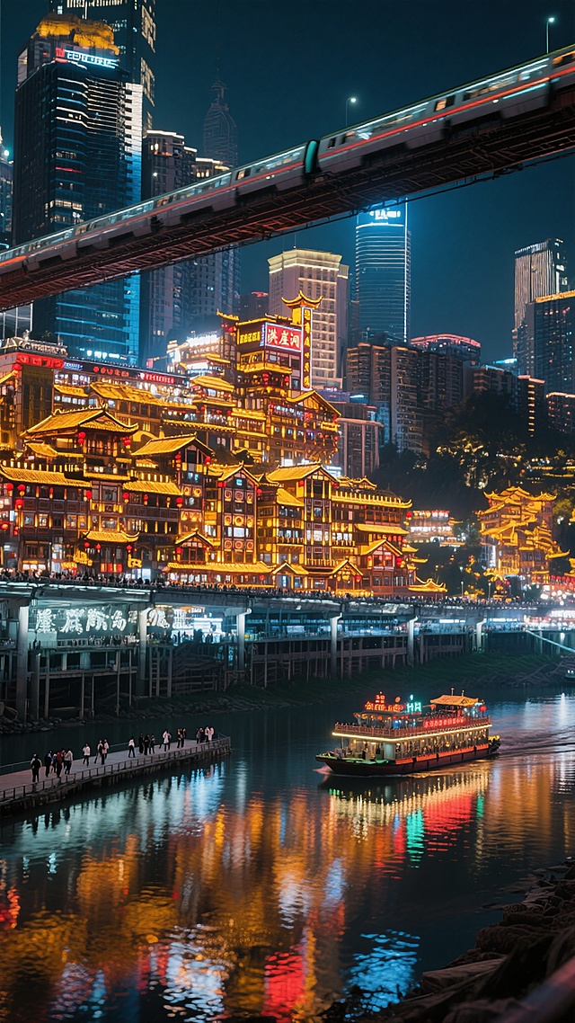 重庆洪崖洞夜景，传统吊脚楼依山而建，层层叠叠，飞檐翘角，灯火辉煌，暖黄色与红色灯笼点缀其间，江面倒映着璀璨光影，游船划过泛起粼粼波光，远处现代高楼与传统建筑交相辉映，夜幕下的山城烟火气十足，行人漫步于滨江步道，轻轨穿楼而过划出流光轨迹，整体呈现出梦幻而富有层次感的赛博朋克式传统与现代交融的视觉效果，色彩浓郁饱和，光影对比强烈，细节丰富，氛围热闹而不失古朴韵味。