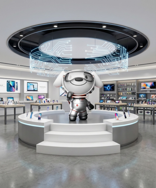 背景画面变成卖手机电脑的卖场。中间一圈桌子下降到地面，做成一圈台阶状，台阶一共分为2级。中间的太空狗玩偶用图片二的样式，太空狗站在最高一层台阶上，太空狗在画面中和人一样高。顶上后面的一圈绿色的灯膜去掉预览效果