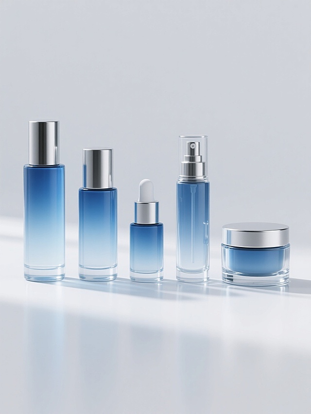 超写实3D渲染风格的护肤品产品组合展示图，五个不同样式与类型的护肤品容器排列整齐置于纯白色背景上，包括四种不同形状的透明蓝色渐变玻璃喷雾瓶（从左至右分别为高圆柱形、中等高度圆柱形、矮胖圆柱形、细长圆柱形）和一个带银色金属盖的透明玻璃面霜罐，所有容器均带有银色金属喷头或瓶盖，瓶身呈现出晶莹剔透的质感，高光与阴影细节丰富，光线从左上方柔和照射形成自然立体感，整体构图采用对称均衡的横向排列，画面简洁干净，突出产品的高端质感与设计细节。