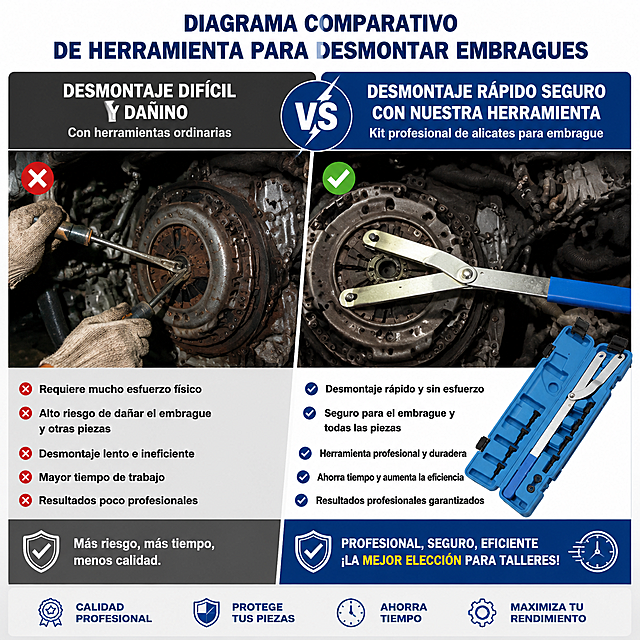 Diagrama comparativo de herramienta para desmontar embragues: izquierda: desmontaje de embrague con herramientas ordinarias, requiere mucho esfuerzo y es fácil dañar las piezas, derecha: desmontaje rápido y seguro con este kit profesional de alicates para embrague de la imagen, ahorra tiempo de trabajo. Texto comparativo en español: "Desmontaje difícil y dañino VS Desmontaje rápido seguro con nuestra herramienta", texto en español, resalta la profesionalidad del producto