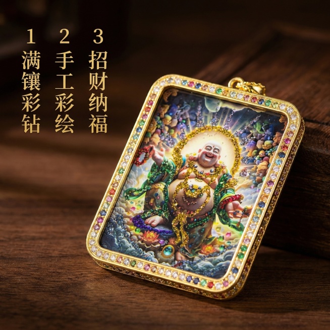 [主图 2]弥勒佛唐卡吊坠核心细节展示图
[氛围风格]国风高级质感，凸显工艺细节
[画面元素]商业摄影质感，光线柔和通透，产品清晰真实，画面干净高级。保留原吊坠的弥勒佛彩绘镶钻造型与金色边框，使用特写预览效果