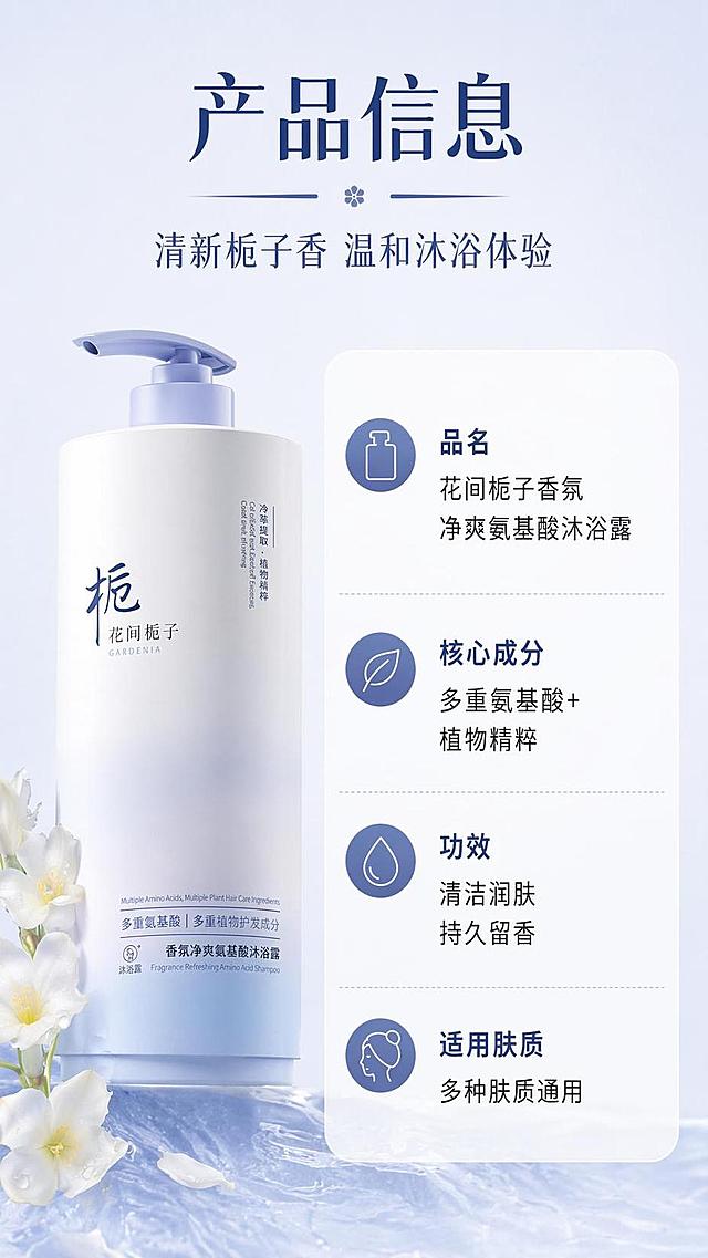 [第8屏] 花间栀子沐浴露产品规格信息，左物右表型版式。本屏使用【图1】产品主体。
[氛围/风格] 规整清晰的信息卡风格，专业可信，简洁明了。
[元素布局] 顶部主副标题，左侧放置产品实物图，右侧竖排参数信息表；产品占左侧约45%，参数占右侧约50%，布局平衡；产品外观与原图一致。
[光影质感] 均匀柔光，产品清晰，参数文字锐利可读。
[配色色系] 全局底色 #F0F5FF，主色浅蓝，辅助色深蓝文字，白色表格。
[视角构图] 左产品右参数，左右分栏，平视视角。
[文字版式] 顶部主标题「产品信息」，副标题「清新栀子香 温和沐浴体验」；参数表包含：品名花间栀子香氛净爽氨基酸沐浴露，核心成分多重氨基酸+植物精粹，功效清洁润肤持久留香，适用肤质多种肤质通用；文字分行清晰，大小适中，手机端可读。
[比例分辨率] 9:16 竖版比例，4K分辨率，高清画质。
[负向提示词] 产品变形，参数模糊，文字错乱，排版混乱