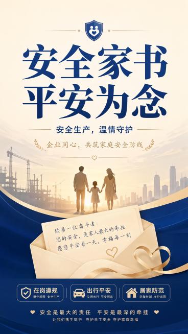 正式温馨简约大气的企业宣传海报，主色调采用沉稳蓝色搭配暖米色。画面主标题为"安全家书 平安为念"，副标题为"安全生产，温情守护"，装饰文案为"企业同心，共筑家庭安全防线"，卖点标签为"在岗遵规""出行预览效果