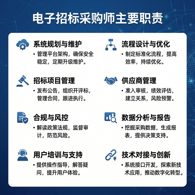 电子招标采购师主要职责图文，蓝色商务背景，分点列出8项核心职责，文字清晰排版整齐，方形构图，专业简洁，包含职责标题和列表设计预览效果