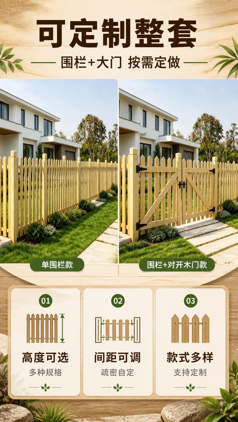 [商品] 使用【图1】原木色尖桩防腐碳化木实木围栏；保留尖桩造… - 图片创意预览