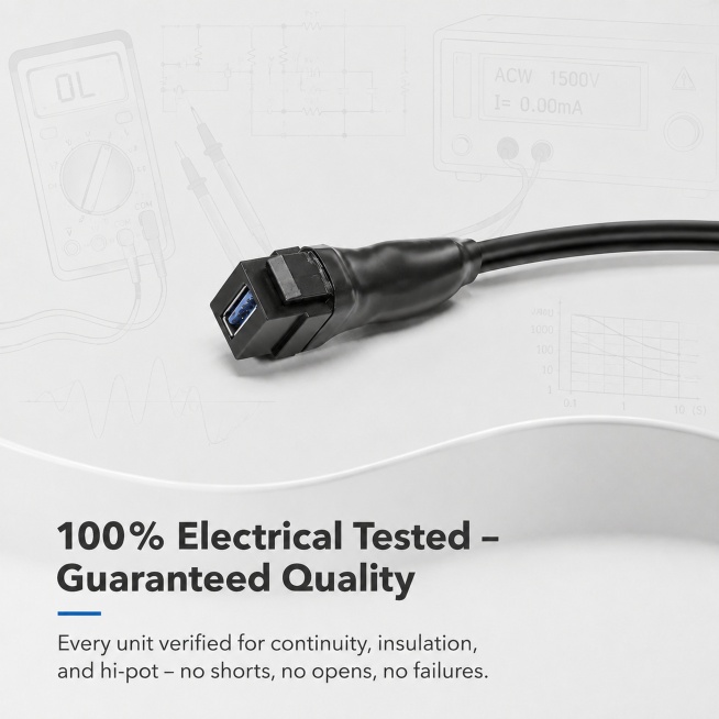 保留现有USB3.0母头产品主体，添加浅淡的电气测试相关专业背景，在合适位置添加英文文字："100% Electrical Tested – Guaranteed Quality
Every unit预览效果