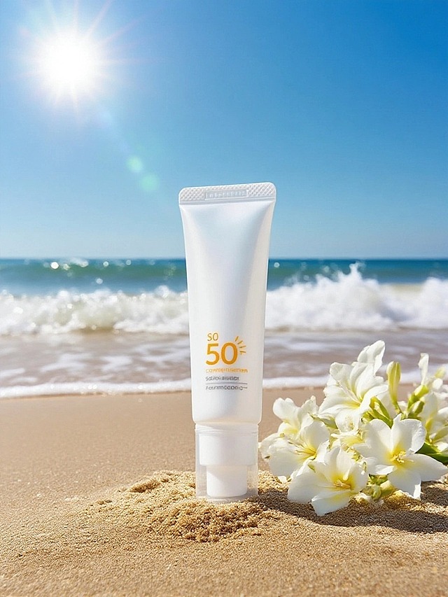 产品放在沙子上，旁边散落白色花朵，背后是海浪、烈日暴晒，海浪非常逼近产品