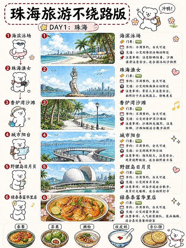 将这张Day1详情页中所有门票栏的绿色方块标识，统一替换为参考图中的样式：绿色圆角渐变方块，内有白色大写FREE字样。其他所有内容、排版、插画、文字完全保持不变。确保每一个景点的门票标识都完全一致。