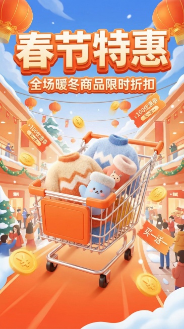 卡通3D风格，电商海报，“春节特惠”立体标题，“全场暖冬商品限时折扣”。低角度视角，购物车冲出画面，装满毛衣和暖手宝，周围弹出金币和优惠券，背景是冬日商场，橙蓝色调，热闹喜庆。预览效果