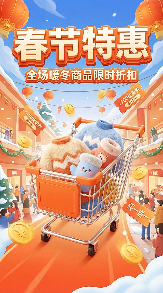 软3D风融合国潮元素，拟人化购物车满载暖冬商品，卡通感十足，喜庆红橙配色搭配灯笼与金币，营造浓厚春节促销氛围。