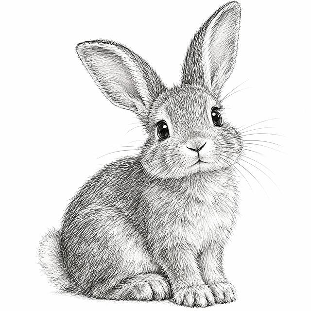 一只可爱的兔子素描画，铅笔手绘风格，细腻的线条勾勒出兔子的毛发纹理和轮廓，长耳朵、圆眼睛、三瓣嘴，姿态自然生动，白色背景，黑白素描，艺术感强，线条流畅，细节丰富