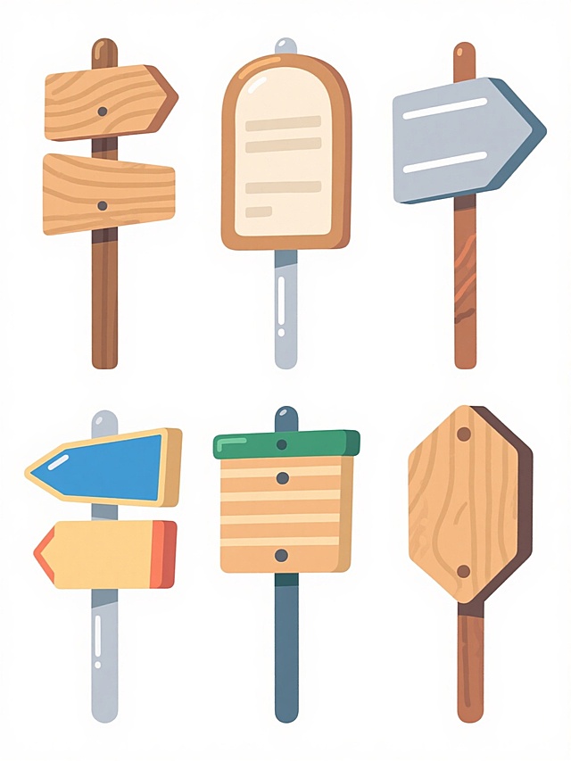 六个不同样式、不同材质、不同风格的指示牌，以整齐的方式排列在纯白色背景上，指示牌无任何文字，整体采用扁平化卡通风格，线条简洁流畅，色彩明快，每个指示牌具有独特的形状和材质表现，如木质纹理、金属质感、塑料光泽、布料纹理等，保持统一的扁平化卡通视觉语言，画面干净整洁，视觉层级清晰，设计感强。