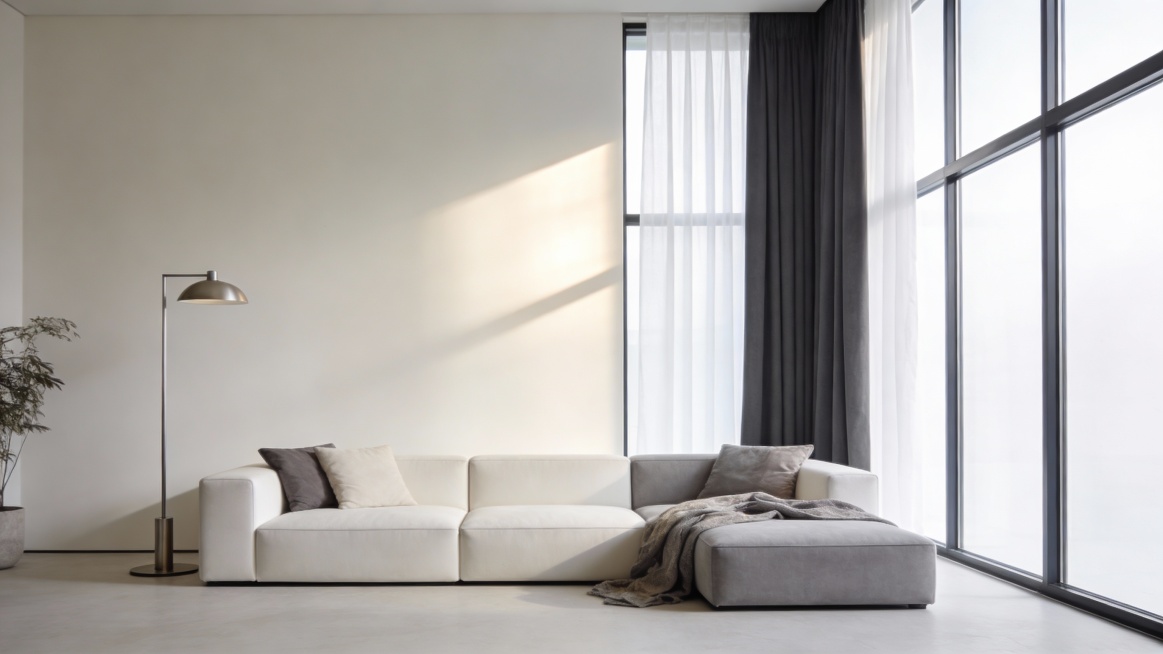 根据参考图的极简风格和光影效果，生成一张正视角度拍摄的场景图，包含奶白色的墙面，巨大的落地窗占据右侧一面墙，窗边拉开深灰色窗帘，窗帘里面漏出一点白色纱帘，阳光透过窗户洒入室内形成柔和的光影效果。客厅中预览效果