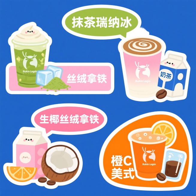 瑞幸奶茶周边贴纸，4款新品+原料展示图，可爱风格卡通插画。背景为纯净蓝色，画面干净，营造清新治愈氛围。包含彩色椭圆形、矩形及不规则形状文本框，文本框边缘有白色描边，所有元素线条圆润，色彩明快柔和。1.预览效果
