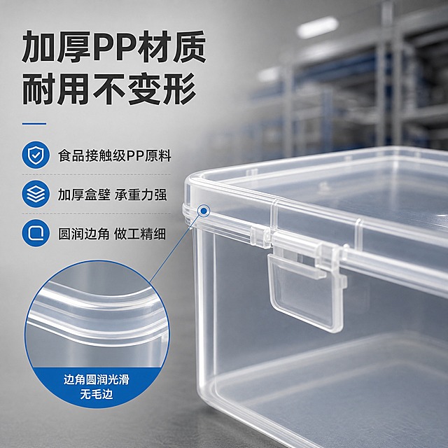 [主图-3] 1688透明PP塑料收纳盒材质品质细节图，任务是突出PP材质厚实耐用、做工精细、边角圆润的品质感。
[统一基调] 1688 B端源头工厂风，整体干净通透工业品质感，背景浅灰渐变加轻微工厂货架环境虚化，主色调透明本色+浅灰+工业蓝点缀，标题字深灰加粗，辅助字中灰，强调色工业蓝，字体为无衬线粗黑体，字号层级分明，卡片用细边框浅灰底，整体专业稳重不花哨。
[画面] 画面主体是一个中号透明收纳盒的局部放大特写，聚焦在盒体的厚壁边缘和卡扣连接处，展示PP材质的厚度和通透质感，边角圆润光滑无毛边。旁边有一个小的放大镜效果区域，放大展示材质的细腻纹理和做工细节。背景是纯净的浅灰色渐变，突出产品材质本身。可以隐约看到工厂质检的环境元素虚化在背景。主体占比约60%，视角为侧视特写。
[光影质感] 商业产品微距摄影质感，侧逆光打在盒体边缘，形成漂亮的透光轮廓光，体现透明PP材质的通透感和厚度，材质表面有细腻的光泽，细节清晰锐利。
[配色] 背景浅灰渐变，产品透明本色带边缘高光，强调色工业蓝用于标注，整体高级有质感。
[文字版式] 左侧或顶部大标题"加厚PP材质 耐用不变形"，下方配三个品质短句："食品接触级PP原料"、"加厚盒壁 承重力强"、"圆润边角 做工精细"，文字用无衬线粗黑体，放在左侧负空间，不遮挡产品特写主体。
[输出要求] 1:1正方形，2048x2048，2K分辨率，文字清晰可读，材质细节清晰，无错字，无杂乱元素，无水印，无平台logo，禁止出现极限词。