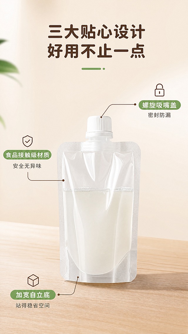 [商品] 使用【图1】透明自立吸嘴袋；保留透明袋身、白色吸嘴盖、底部自立加宽结构、密封边、袋内液体形态；增强各部位清晰度，便于标注。
[画面] 目标：结构解析页，展示产品三大核心结构设计。构图：产品居中偏下，四周引线标注关键部位；主体占画面55%，浅暖米渐变背景，底部有 subtle 木纹台面。
[视觉] 套系策略：风格=清新自然家居商业摄影；标题字=圆润黑体粗体；正文字=简洁无衬线黑体；主色=暖米白+草木绿；背景延展=基于暖米白做深浅层级、同色渐变和细腻木纹/哑光纸质感；强调色=浅棕褐色，仅用于小面积图标、引线和标签；标题色=深棕褐色；正文色=中暖灰；组件=圆角浅底信息卡、细线引线、绿色胶囊标签；光影=左前侧暖柔光，自然窗光感。
[文字] 顶部主标题"三大贴心设计 好用不止一点"，从产品引出3条细线标注：1."加宽自立底 站得稳省空间"（指向底部），2."食品接触级材质 安全无异味"（指向袋身），3."螺旋吸嘴盖 密封防漏"（指向吸嘴）；文字横向排版，引线清晰不交叉。
[规格] 图片比例9:16竖版，4K，避免变形、错字、文字过小、冷蓝/蓝灰背景、产品颜色改变、结构失真、绝对化用语。
