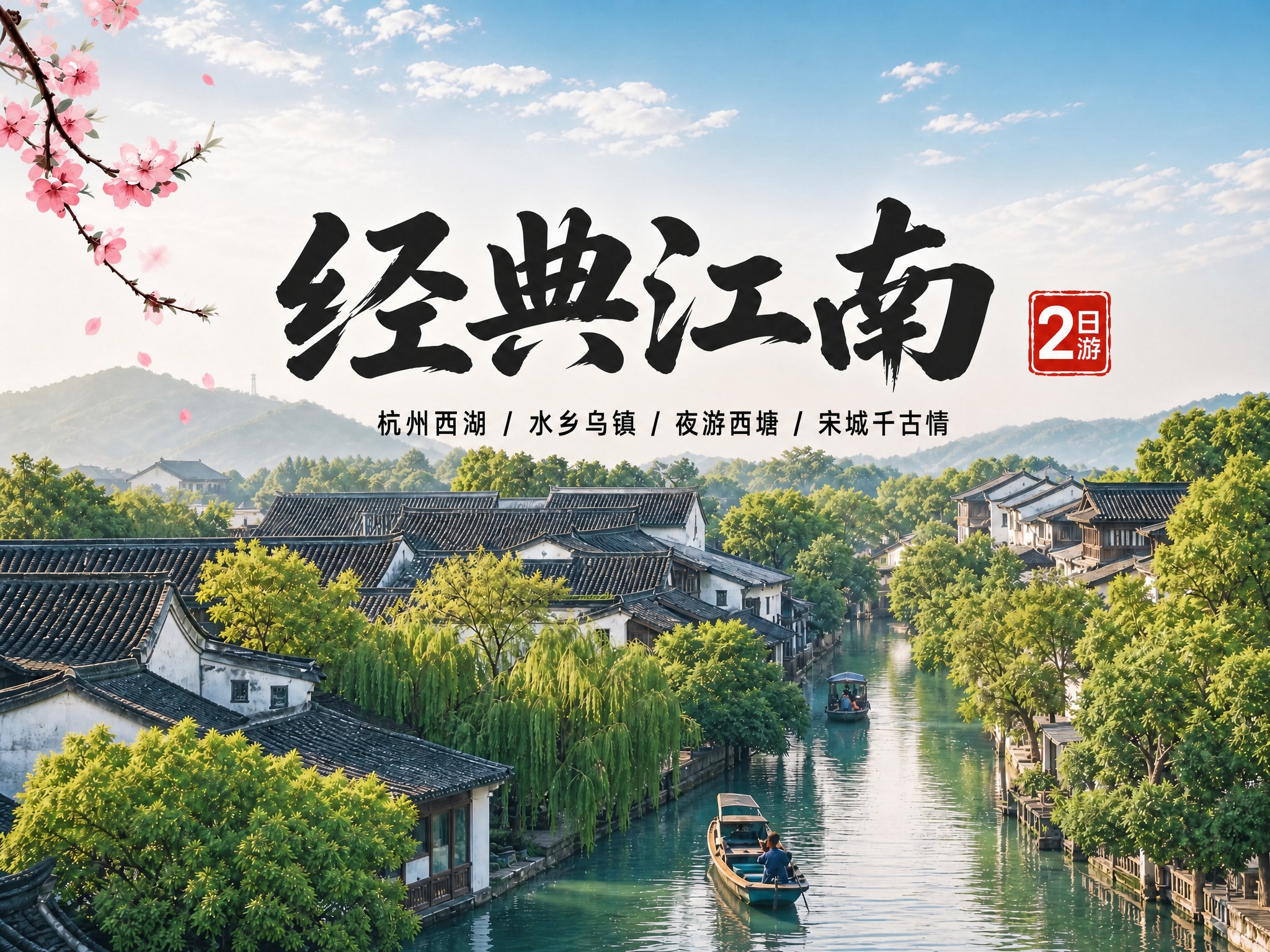 基于参考图修改：1. 将"经典江南"四个大字和"2日游"印章整… - 图片创意预览