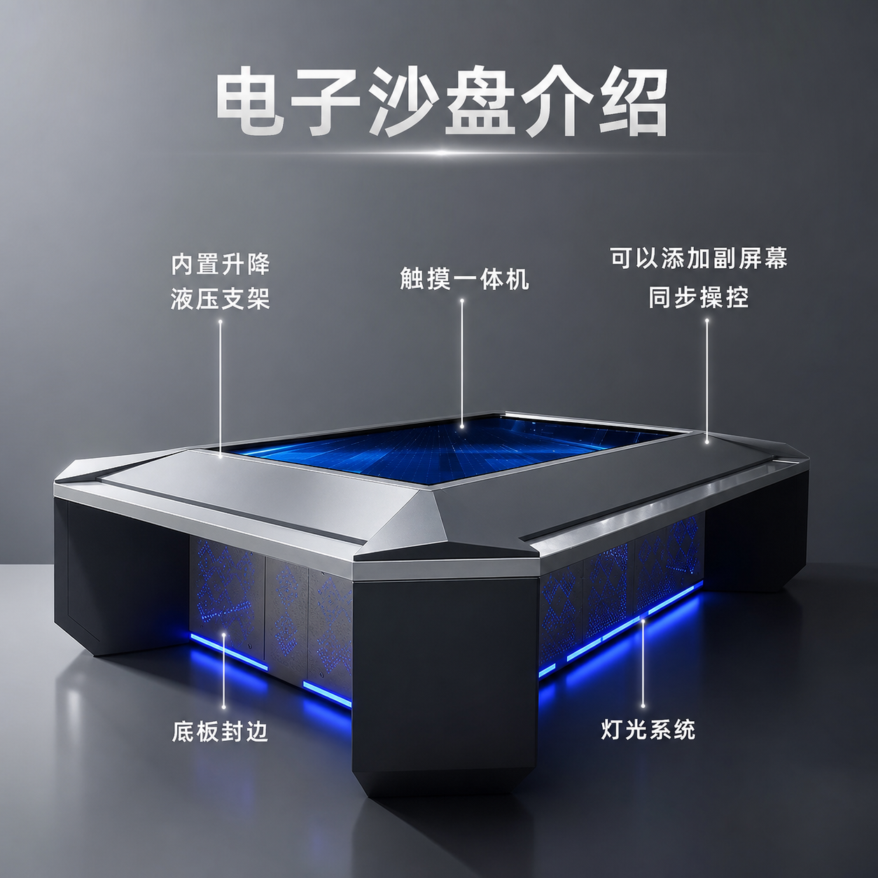 将这张电子沙盘介绍图重绘为高端科技产品宣传风格，参考之前的灰色… - 图片创意预览