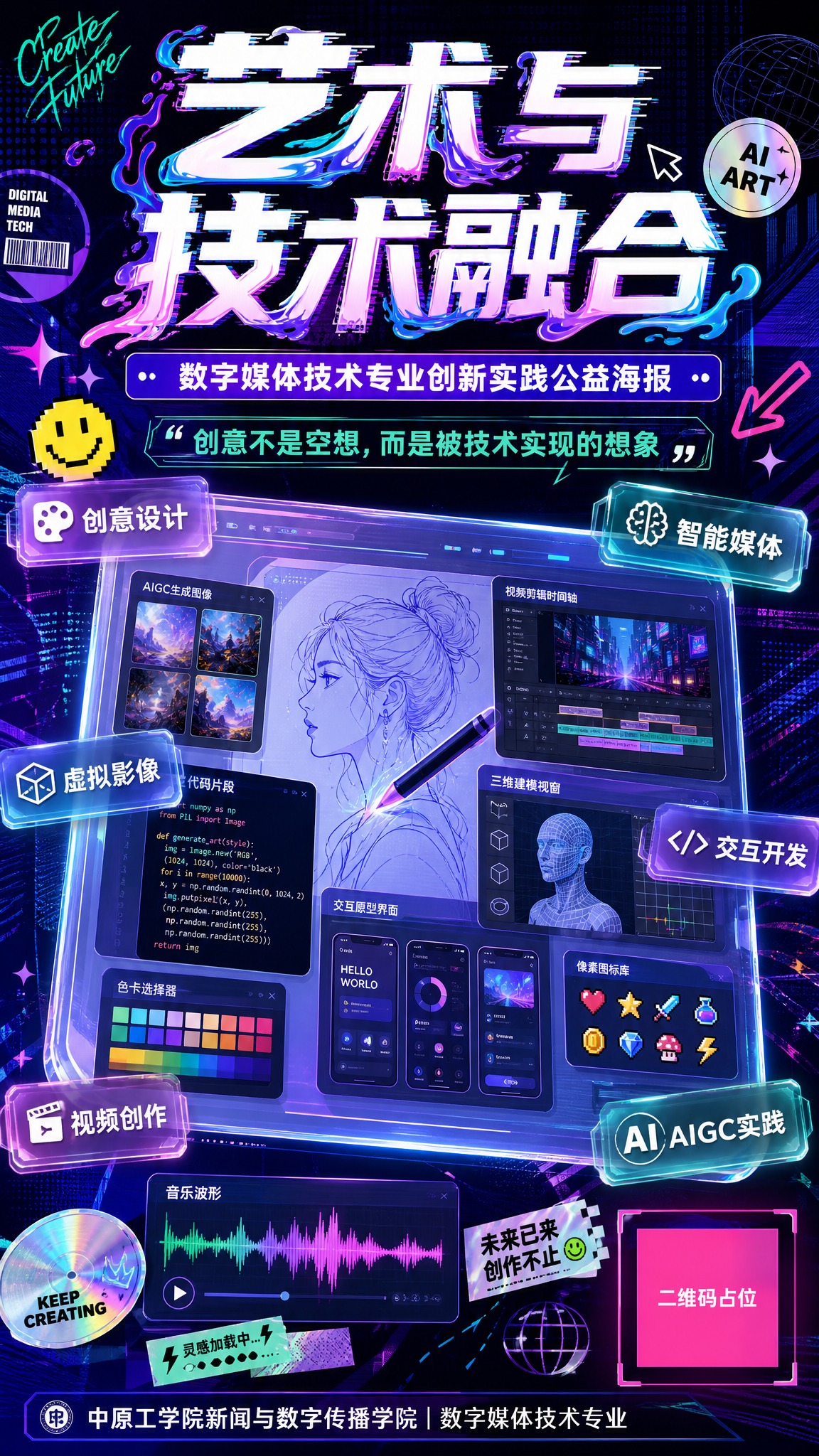 竖版平面公益海报设计稿，主题为艺术与技术融合，整体呈现年轻、潮… - 图片创意预览