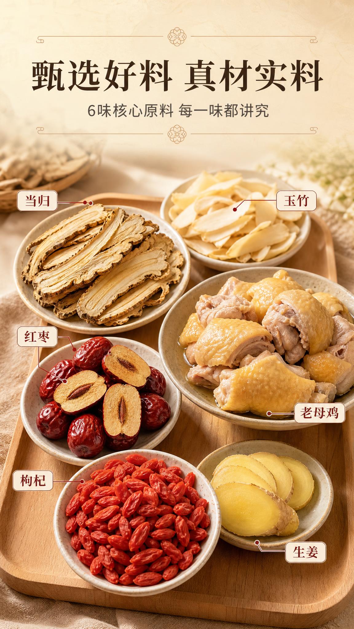 [商品] 成分原料展示页，展示冻干当归玉竹母鸡汤的核心原料。画… - 图片创意预览