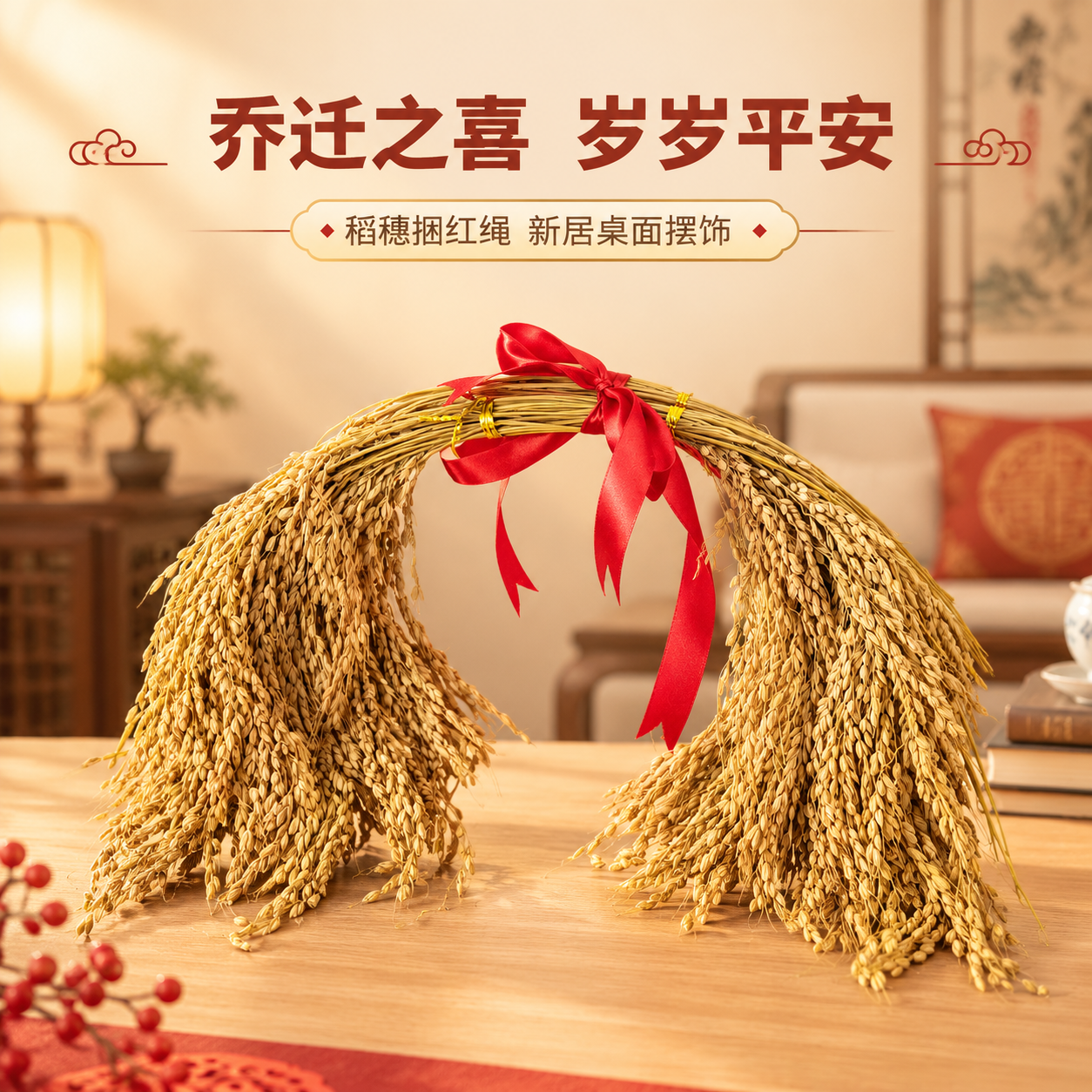 [商品] 使用【图4】稻穗捆红绳乔迁桌面摆饰；保留稻穗干料金黄… - 图片创意预览