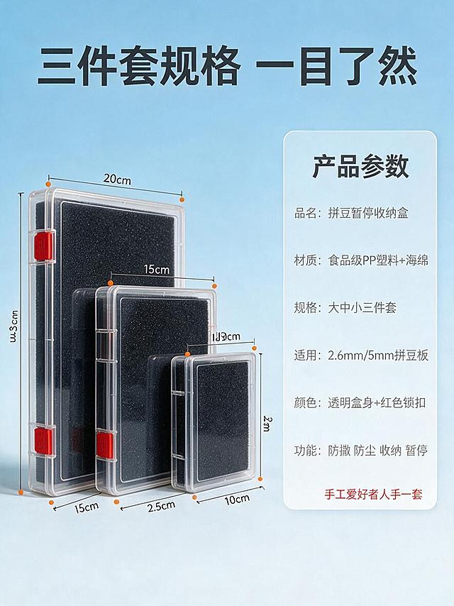 [商品] 使用【图1】拼豆暂停收纳盒三件套；保留透明盒身、红色锁扣、海绵内衬、方正结构、大中小三件套形态；并排展示三个尺寸的盒子，标注各自尺寸。
[画面] 第6张 规格参数页。左右分栏构图，左侧60%为产品展示区，右侧40%为参数信息卡。左侧：大中小三个收纳盒并排站立，从左到右由大到小排列，每个盒子有尺寸标注线和数字，标注长宽高。盒子均为闭合状态，红色锁扣朝前，透明盒身清晰可见。右侧：浅蓝白色圆角信息卡，列出产品参数。背景为浅蓝渐变风格，从上到下淡天蓝色到浅蓝白色柔和过渡，干净清爽。
[视觉] 套系策略：风格=浅蓝渐变清爽干净风；标题字=粗黑体 字重最粗；正文字=常规无衬线黑体；主色=浅蓝渐变+透明清透感；背景延展=从上到下淡天蓝色到浅蓝白色的柔和渐变 干净清爽 无多余纹理；强调色=正红色 仅用于锁扣 图标 标签 重点文字高亮；标题色=深炭灰色；正文色=中灰色；组件=圆角信息卡 细尺寸引线 橙色标注点；光影=左上方柔和漫射光 柔和阴影 产品通透反光 立体感强。
[文字] 顶部大标题："三件套规格 一目了然"。左侧每个盒子用橙色小圆点标注尺寸端点，细引线连接尺寸数字（大号/中号/小号）。右侧信息卡标题"产品参数"，下方列表："品名：拼豆暂停收纳盒""材质：食品级PP塑料+海绵""规格：大中小三件套""适用：2.6mm/5mm拼豆板""颜色：透明盒身+红色锁扣""功能：防撒 防尘 收纳 暂停"。底部一行红色小字："手工爱好者人手一套"。所有文字横排。
[规格] 图片比例3:4竖版，1K分辨率，避免变形、错字、文字过小、尺寸标注混乱、塑料质感差、参数虚构、水印、平台Logo、米杏色背景、多余背景装饰。