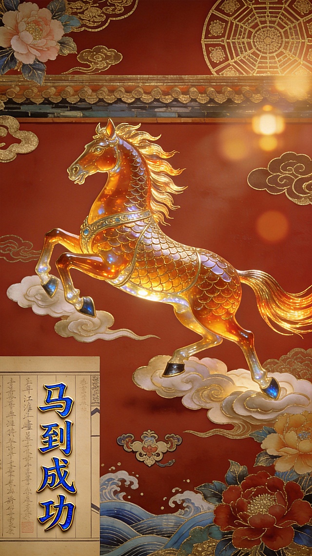 鎏金浮雕骏马腾云，国潮重拟物风融合古典纹饰，光影流转间尽显奢华梦幻，中式意境与金属质感交织，寓意“马到成功”。