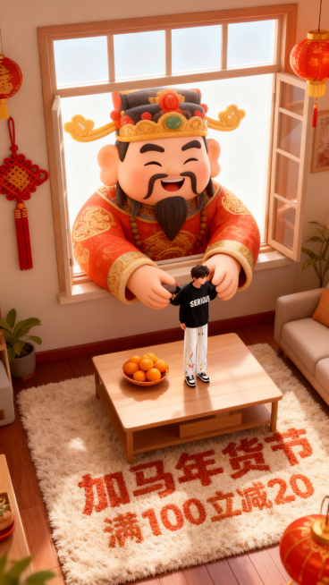 3d卡通风格，客厅景观。Q版巨大灶王爷（形象软萌）从窗户外探身进来，双手把图中主体放在客厅桌上（桌面摆放橘子、果盘），客厅装饰中国结、灯笼元素，暖色调喜庆氛围，画面底部毛绒地毯上绣着“加马年货节”“满预览效果