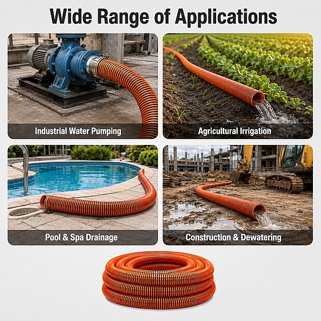Amazon main image 5, multi-scene application grid. Light gray background, clean layout. Top has bold English title "Wide Range of Applications". Below the title, a 2x2 grid of 4 scene thumbnails with rounded corners, each showing a different application scenario with the orange PVC spiral hose (keep product appearance consistent): top-left "Industrial Water Pumping" showing hose connected to pump, top-right "Agricultural Irrigation" showing hose in farm field, bottom-left "Pool & Spa Drainage" showing hose near swimming pool, bottom-right "Construction & Dewatering" showing hose at construction site. Each thumbnail has small English label at bottom. Below the grid, a full coiled hose product image (same orange PVC spiral hose, consistent appearance) is shown at bottom center, smaller size. All text in English, clean sans-serif font. Professional commercial style, bright and clear. 1:1 square ratio.
