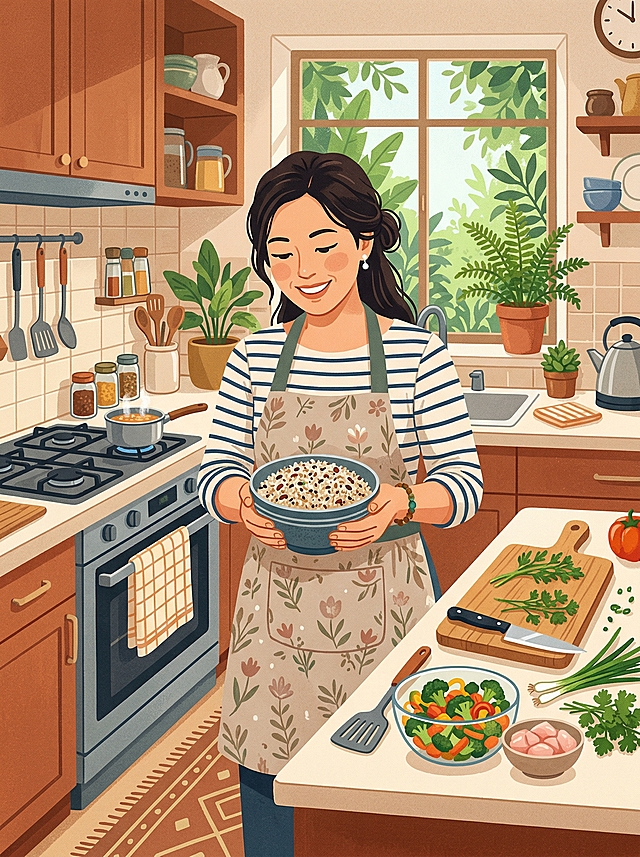 一位女性站在厨房灶台前，手里端着碗杂粮饭，表情轻松满足，灶台上放着切好的蔬菜和鸡胸肉，窗外有绿色植物，暖色调，温馨日常风格，扁平插画