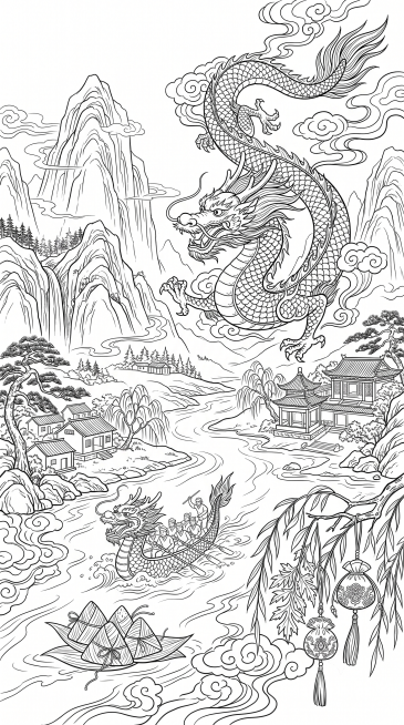 端午主题白描图，包含粽子、龙、云纹、山水、艾叶、香囊、亭台楼阁，高设计感，富有意境，纯白背景，白描线稿风格预览效果