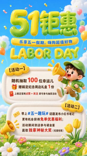 修改这张五一促销海报：1. 将尺寸改为9:16比例，背景修改为蓝天底色；2. 把文字"51钜惠"和文字"LABOR DAY"的字体颜色改为黄绿色渐变；3. 将文字"乐享五一假期，嗨购超值好物"改成蓝色预览效果